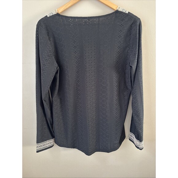 Women's Black Lace Blouse M Long Sleeve Stretch Tan Lace Accent Sheer Dressy Top - Picture 8 of 8